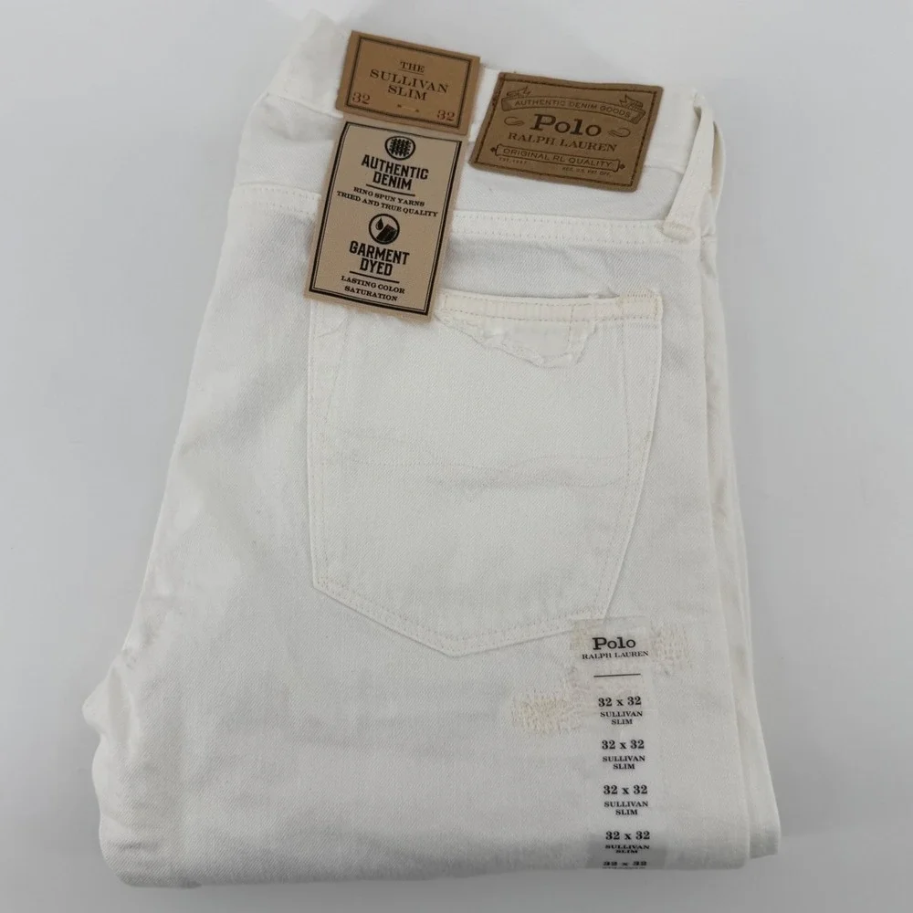 Polo Ralph Lauren Jean Men 32x32 White Sullivan Slim Distressed Denim button fly